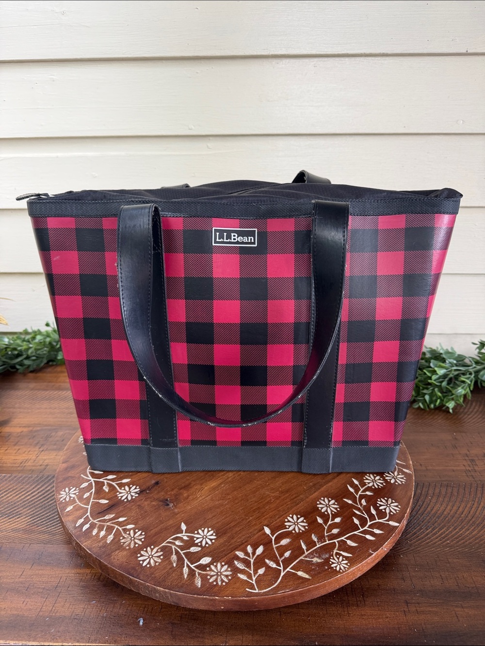 L.L. Bean Vulcanized Rubber Red and Black Plaid Tote